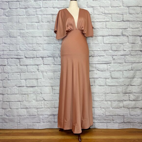 Anthropologie BHLDN Leila Deep V Flutter Sleeve Satin A-Line Gown in Sedona - Picture 1 of 6
